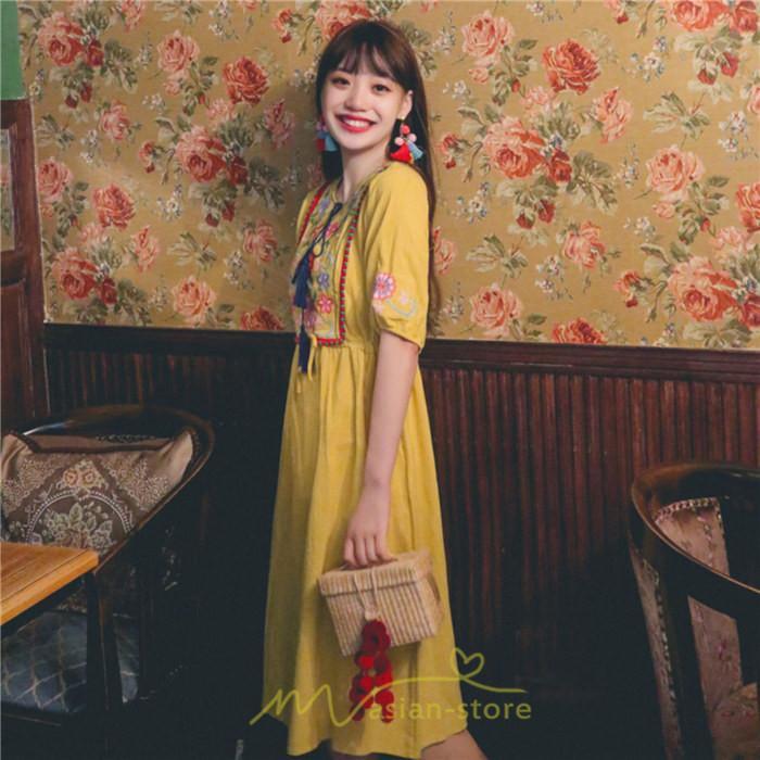 マキシ | ワンピース レディース 刺繍 綿麻 レトロ調 インスタ映え ナチュラル エスニック風 民族風 ボヘミアン 柔らかい SNS映え リゾート 赤 黄色 撮影 白