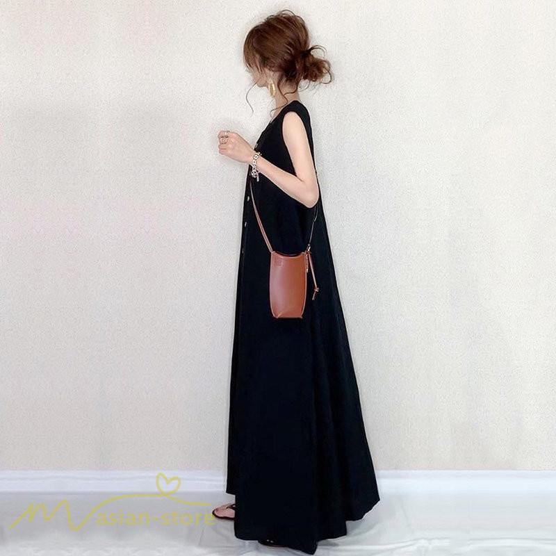 ノースリーブ | 夏ワンピース 20代30代 ロングワンピース 40代50代 タンクトップワンピース Aラインワンピース ゆったり ボタン 綿 レディース Vネック 無地