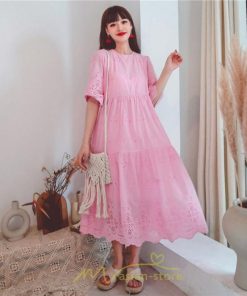 マキシ | ワンピース レース 丸首 刺繍 ロングワンピース レディース 夏秋 結婚式 きれいめ フォーマル 大人 上品 綿麻 白 黄色 コットン ピンク かわいい リネン