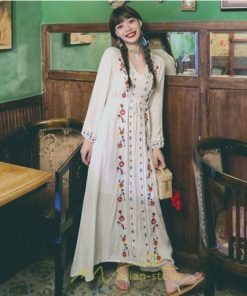 マキシ | ワンピース レディース ロング丈 サマードレス 花柄 リゾートワンピ Aライン 長袖 体型カバー ママ 大人 ゆったり 夏秋 Ｖネック 着痩せ 綿麻 刺繍 旅行 SNS映え