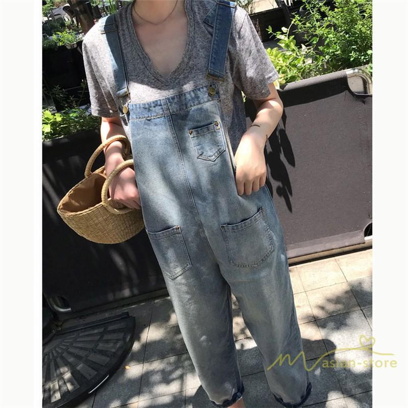 オーバーオール サロペット | サロペットパンツ オーバーオール デニム ゆったり ハイウエスト レディース カジュアル ヴィンテージ加工 無地 2020夏コーデ 復古風 デイリーコーデ