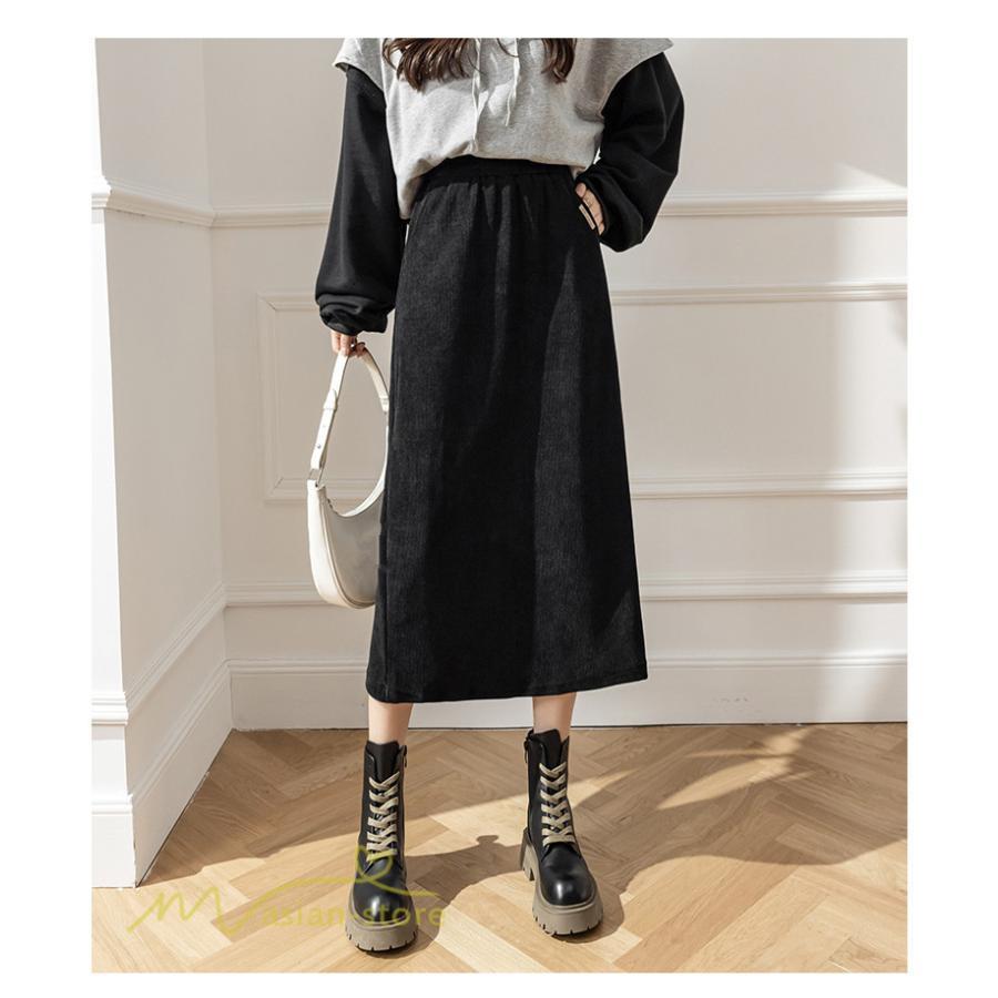 スカート | Aライン秋冬コーデ ウエストゴム カジュアル 20代 30代 着痩せ 秋 冬 ひざ下丈 パイル地 OL 40代 ポケット ビジネス 50代 裾口スリット
