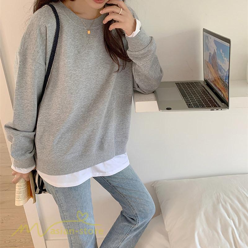 パーカー | 重ね着トレーナー レディース 長袖 トップス カジュアル スウェット 重ね着風 チュニック 体型カバー カットソー ゆったり カジュアル プルオーバー トレーナー