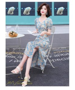 マキシ | ワンピース レディース 着痩せ Vネック カジュアル 花柄 サマーワンピース きれいめ 裾口スリット 日常感 Vネック 膝丈 夏新作 40代 きれいめ 半袖 30代 20代