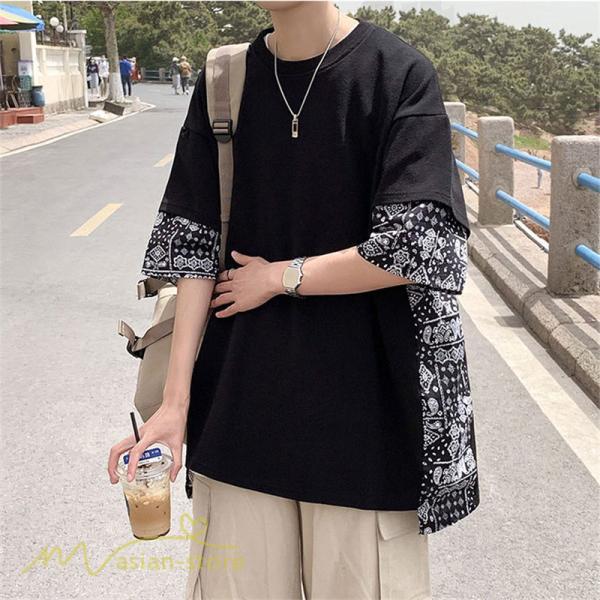 Tシャツ | メンズ 半袖 シンプル 半袖tシャツ クルーネック カジュアル 重ね着風 切り替え カッコウイイ 夏新作 カットソー ゆったり 20代 40代 体型カバー 30代