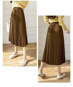 スカート | プリーツロングミモレ丈 Aラインウエストゴム ハイウエスト 秋冬 無地 ゆったり 大人 通学通勤 プリーツ エレガント