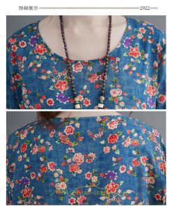 マキシ | ワンピース レディース 大きいサイズ 長袖 ロング丈 マキシ丈 丸首 コットン 花柄 青 夏 秋 体型カバー 着痩せ ゆったり ポケット 美シルエット 広がる裾 通勤