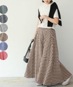 スカート | ロング夏新作 フレア切り替え チェック柄 20代30代 大人 40代50代 可愛い 60代 ゆったり 広い裾 ウエストゴム 6色 春 ダンス舞台 綿 春夏 秋