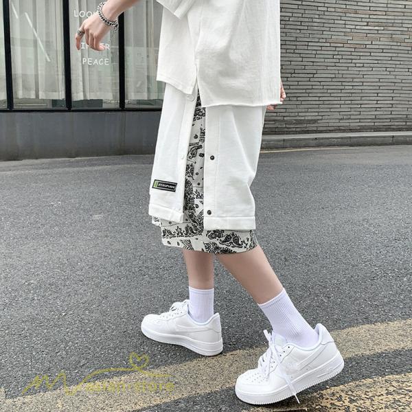 ハーフパンツ ショート | ハーフパンツ メンズ ショート丈 新作 夏コーデ おしゃれ 重ね着 レイヤード風 白 黒 日常感 カジュアル 運動着 ワイドパンツ ゆったり スウェットパンツ 着回し