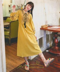 マキシ | ワンピース レディース 刺繍 綿麻 レトロ調 インスタ映え ナチュラル エスニック風 民族風 ボヘミアン 撮影 リゾート 柔らかい ウエストリボン長袖 イベント