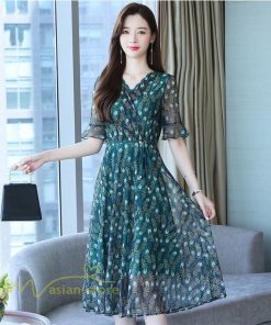 ミディアム | ワンピース レディース Aライン サマーワンピース 上品 着痩せ カジュアル 大きいサイズ 半袖 Vネック ミディアムワンピース ひざ丈 30代 気質 20代 40代