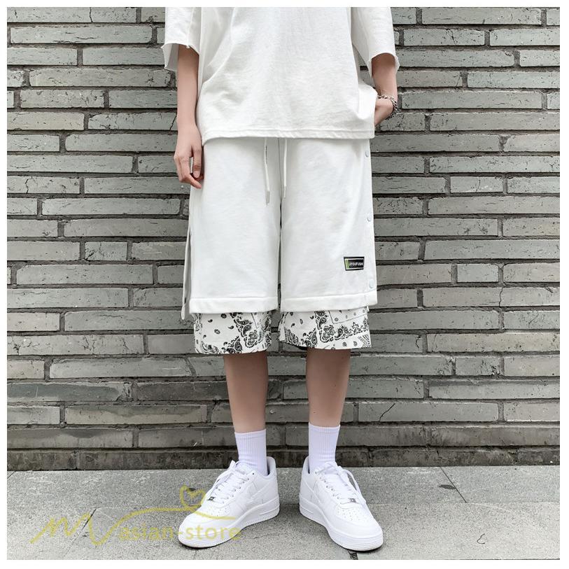 ハーフパンツ ショート | ハーフパンツ メンズ ショート丈 新作 夏コーデ おしゃれ 重ね着 レイヤード風 白 黒 日常感 カジュアル 運動着 ワイドパンツ ゆったり スウェットパンツ 着回し