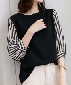 送料無料SALE | ブラウス レディース 切り替え フェイク ストライプ パフスリーブ 無地 黒 白 トップス シャツ 丸ネック 七分袖 夏服 大人 サマー 30代40代 50代 可愛い OL