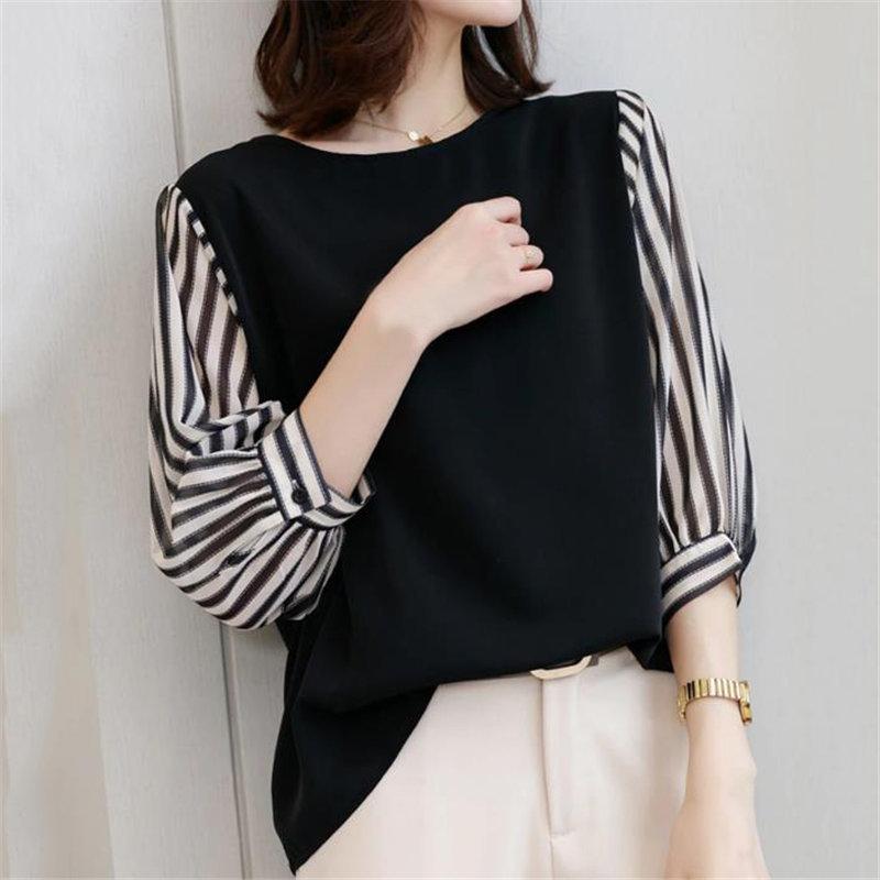 送料無料SALE | ブラウス レディース 切り替え フェイク ストライプ パフスリーブ 無地 黒 白 トップス シャツ 丸ネック 七分袖 夏服 大人 サマー 30代40代 50代 可愛い OL