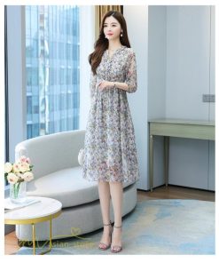 ミディアム | ワンピース 膝丈 花柄 きれいめ 5分袖 カジュアル Aラインスカート 上品 着痩せ ミディアムワンピース お出かけ シフォン 日常感 通気性 大人 エレガント