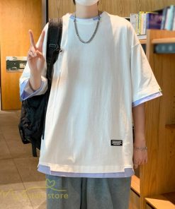 Tシャツ | メンズ 夏物 半袖 五分袖 フェイク レイヤード 重ね着風 無地 おしゃれ プルオーバー オーバーサイズ カジュアル 30代 20代 40代 ゆったり 男性着