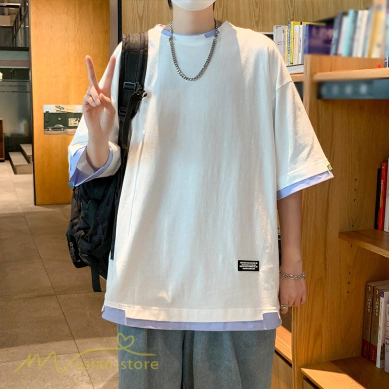 Tシャツ | メンズ 夏物 半袖 五分袖 フェイク レイヤード 重ね着風 無地 おしゃれ プルオーバー オーバーサイズ カジュアル 30代 20代 40代 ゆったり 男性着