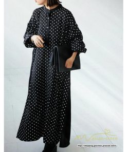 マキシ | ドットワンピース ドッキングワンピース 切替 秋 レディース ロングワンピース 長袖 Aラインワンピース 大人 可愛い ゆったり 30代ワンピース スタンドカラー