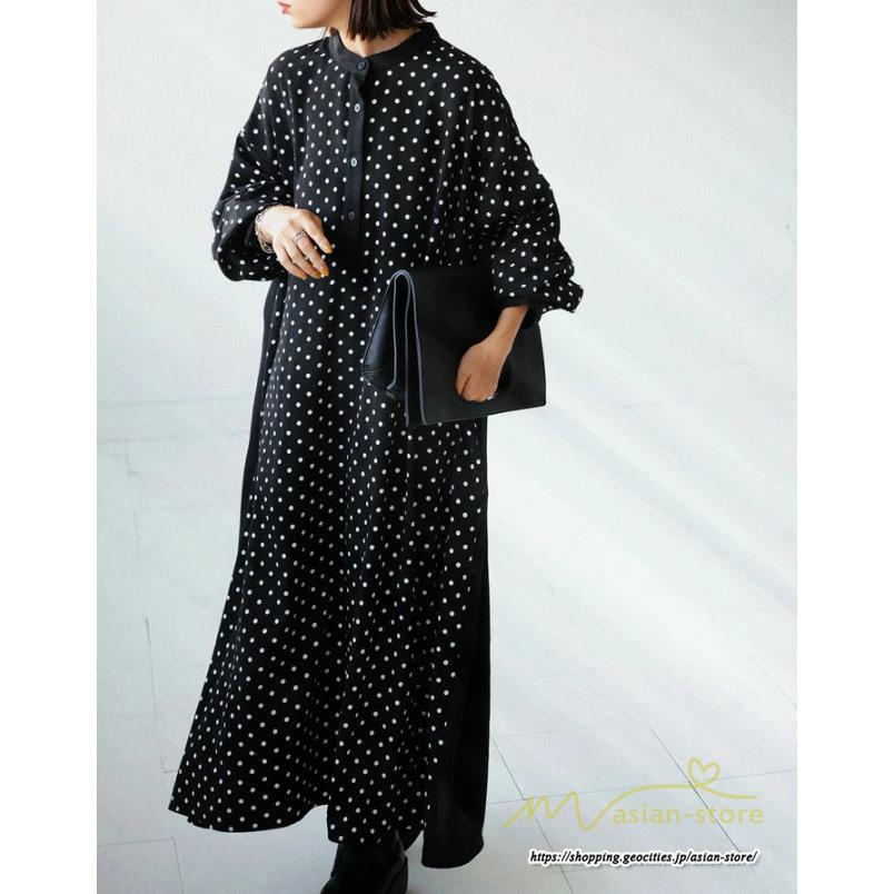 マキシ | ドットワンピース ドッキングワンピース 切替 秋 レディース ロングワンピース 長袖 Aラインワンピース 大人 可愛い ゆったり 30代ワンピース スタンドカラー
