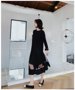 マキシ | 黒ワンピース 長袖ワンピース 秋物 レディース 切り替えワンピース ゆったり 大きいサイズ 裾チュール 30代40代 大人 20代50代 かわいい 通学通勤 ワンピース