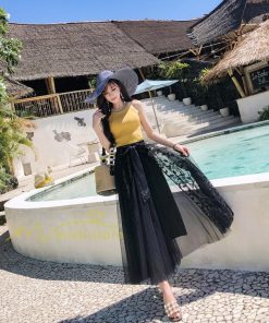 スカート | フレア チュールレディース ロングウエストゴム 春夏 リボン マキシ ドッキング 20代30代40代 着痩せ カジュアル お出かけ