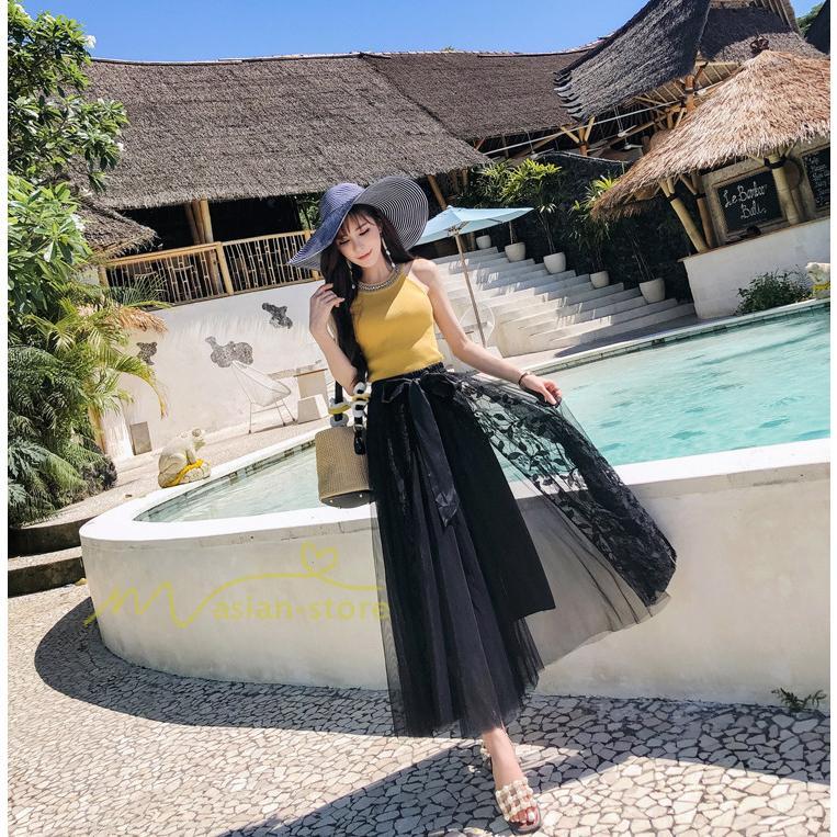 スカート | フレア チュールレディース ロングウエストゴム 春夏 リボン マキシ ドッキング 20代30代40代 着痩せ カジュアル お出かけ