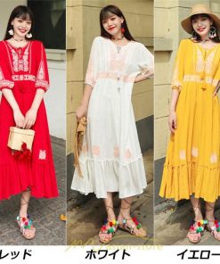 マキシ | ワンピース きれいめ レディース 夏 秋 ロング 上品 大人 七分袖 お出かけ 高見え 赤 白 黄色 上質 20代 50代 40代 ゆったり リゾート 30代 旅行 体型隠し