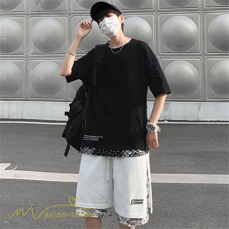 Tシャツ | Tシャツ メンズ 半袖 重ね着風 カジュアル半袖tシャツ 夏新作 メンズスタイル カットソー 上品 切り替え 2XL 大きいサイズ クルーネック 黒 白