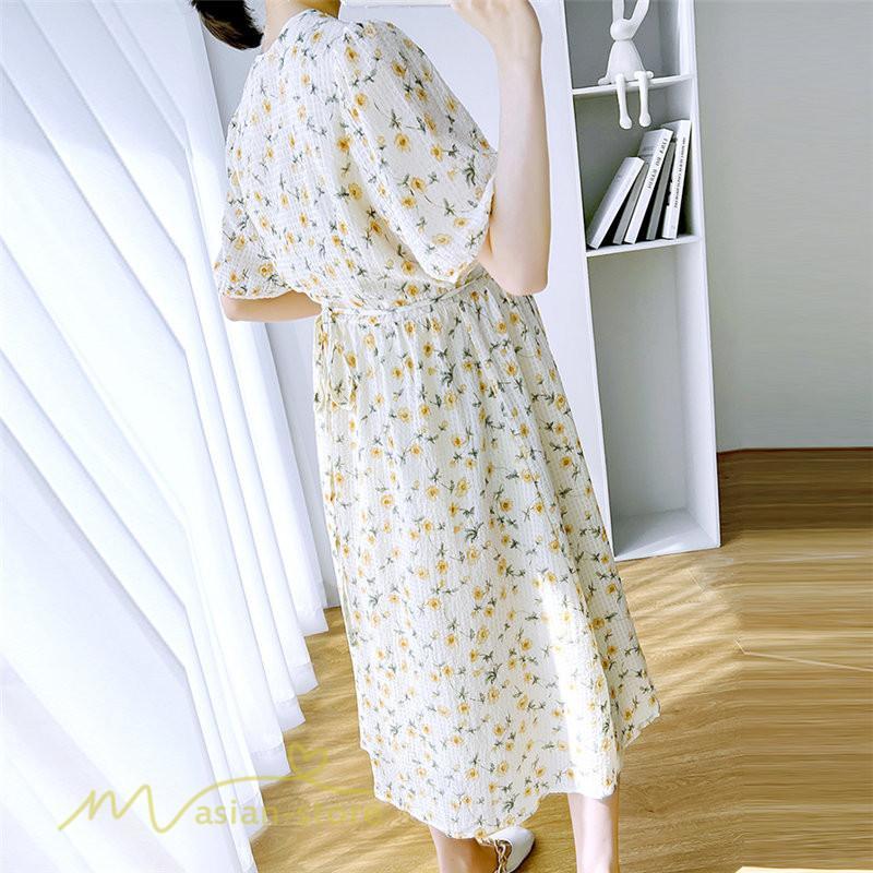 ワンピース | マタニティレディース 着痩せ 小花柄 Vネック マタニティ Aライン 夏新作 ひざ丈 韓国風 半袖 カジュアル 妊婦服 マタニティウェア