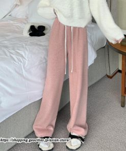 ワイドパンツ | ニットパンツ レディース 綿パンツ リブニット 秋冬 裏起毛 暖かい ロングパンツ ウエストゴム 春 パンツ シンプル 無地 ボトムス 部屋着 ズボン