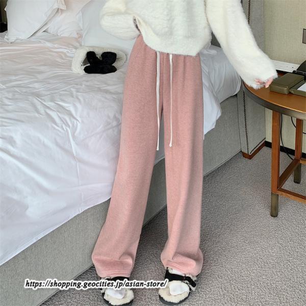 ワイドパンツ | ニットパンツ レディース 綿パンツ リブニット 秋冬 裏起毛 暖かい ロングパンツ ウエストゴム 春 パンツ シンプル 無地 ボトムス 部屋着 ズボン