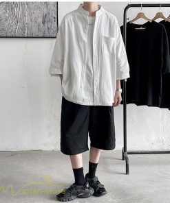 シャツ | メンズ 夏コーデ 2021新作 ライトアウター 5分袖 7分袖 スタンドカラー 麻綿 無地 カッコイイ お出かけ カジュアルトップス 薄手 夏着 アウトドア