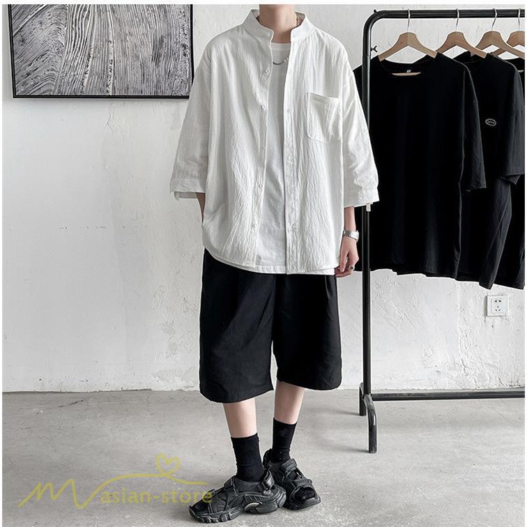 シャツ | メンズ 夏コーデ 2021新作 ライトアウター 5分袖 7分袖 スタンドカラー 麻綿 無地 カッコイイ お出かけ カジュアルトップス 薄手 夏着 アウトドア
