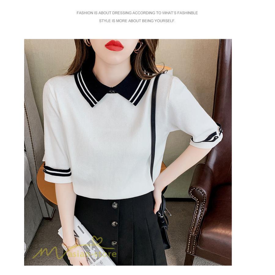 tシャツ・カットソー | レディース トップス Tシャツ 着痩せ ニット きれいめ 女性着 ポロ 着回し 学院風 5分袖 可愛い 配色切替 上品 サマー風 20代 アウトドア 夏コーデ 新作 人気