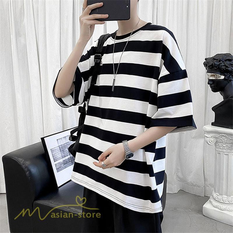 Tシャツ | カットソー 半袖トップス メンズボーダー カジュアル クルーネック ゆったり 夏新作 夏服 シンプル おしゃれ 大きいサイズ 5分袖