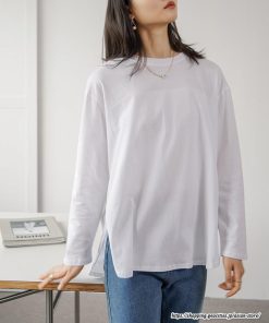 tシャツ・カットソー | Tシャツ Tシャツ コットン長袖オーバーサイズ裾ラウンドTシャツ レディース 綿Tシャツ 長袖Tシャツ クルーネック 秋物 ミドル丈 無地 丸首 長袖