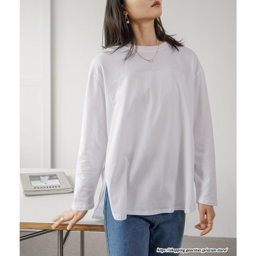 tシャツ・カットソー | Tシャツ Tシャツ コットン長袖オーバーサイズ裾ラウンドTシャツ レディース 綿Tシャツ 長袖Tシャツ クルーネック 秋物 ミドル丈 無地 丸首 長袖