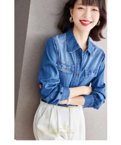 シャツ・ブラウス | デニムシャツ シャツ トップス レディース ブラウス 着痩せ デニム コットン カジュアル エレガント 通勤 通学 オシャレ 上品 ナチュラル 冬 キレイめ 秋 可愛い