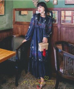 マキシ | ロングワンピース レディース  夏 秋 リゾート ルームワンピース 長袖 ゆったり ロング丈 旅行用 バブルスリーブ かわいい 後ボタン付き レトロ風 丸首