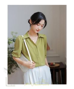 シャツ・ブラウス | ブラウス シャツ トップス レディース 春 夏 半袖 バブルスリーブ シフォン 柔らかい Vネック 着痩せ かわいい 上品 きれいめ エレガント オフィス フォーマル