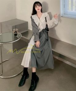 マキシ | ロングワンピース 秋物 レディース ミモレ丈 Aラインワンピース 切り替え フェイク レイヤード風 チェック柄 着やせ お呼ばれワンピース 重ね着風 30代40代