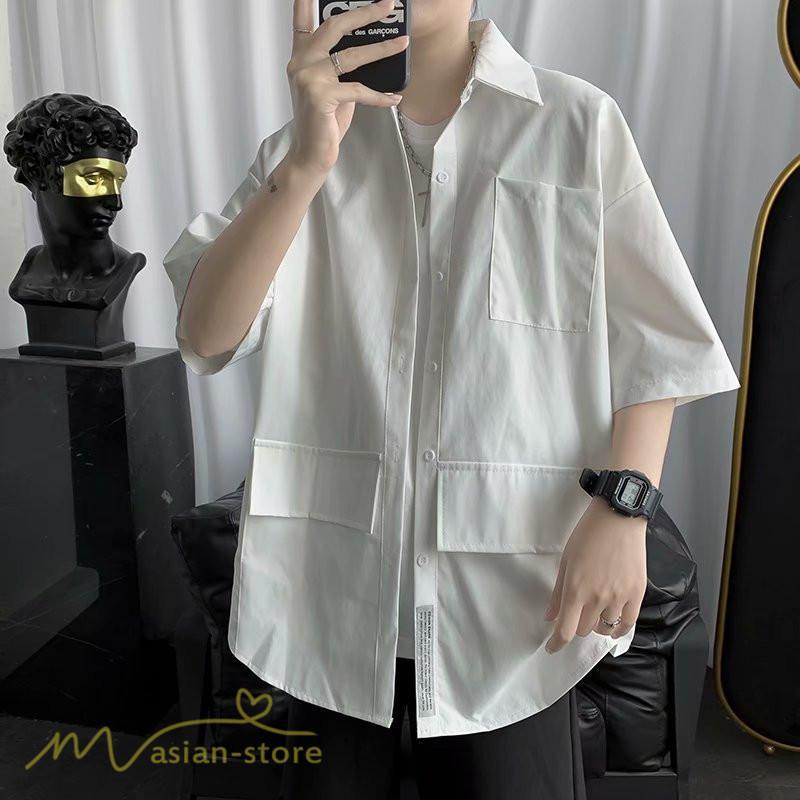 シャツ | メンズ 半袖 トップス ワイドTゆったり 無地 ライトアウター 着回し 夏新作 コーデ 白黒細身 通勤通学 XXL 日常感 大きいサイズ