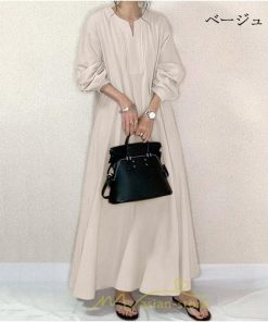 マキシ | 秋ワンピース 長袖ワンピース レディース 秋物 ワンピース 綿麻風 パフスリーブ ボリューム袖 無地 大きめ Vネック フレアワンピース ロングワンピース