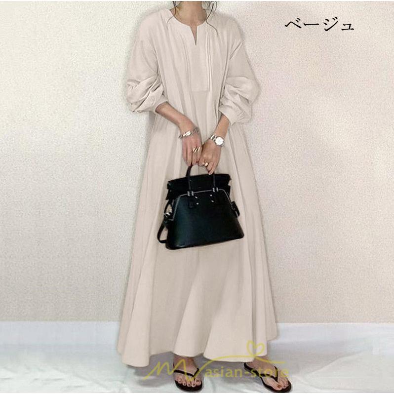 マキシ | 秋ワンピース 長袖ワンピース レディース 秋物 ワンピース 綿麻風 パフスリーブ ボリューム袖 無地 大きめ Vネック フレアワンピース ロングワンピース