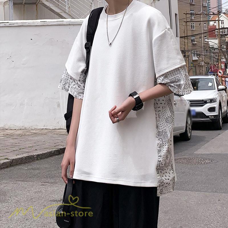 Tシャツ | メンズ 半袖 シンプル 半袖tシャツ クルーネック カジュアル 重ね着風 切り替え カッコウイイ 夏新作 カットソー ゆったり 20代 40代 体型カバー 30代