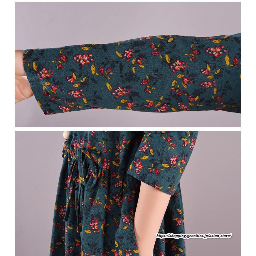 マキシ | 花柄ワンピース30代レディース秋物 リネンワンピース 綿麻風 シャツワンピース ロングワンピース ミモレ丈 長袖ワンピース リボン付き 秋ワンピース 大人