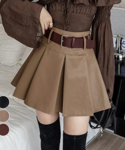ミニスカート | プリーツレザースカート ベルト付き 秋冬