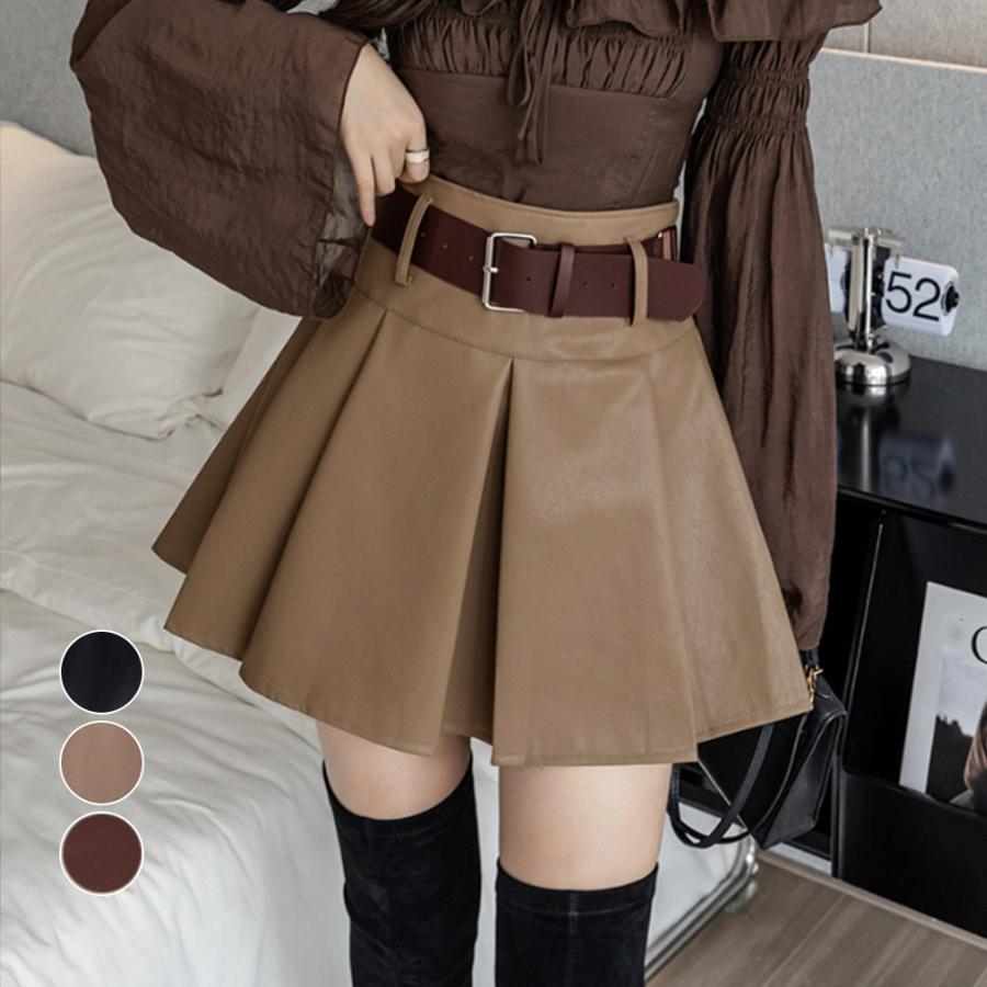 ミニスカート | プリーツレザースカート ベルト付き 秋冬