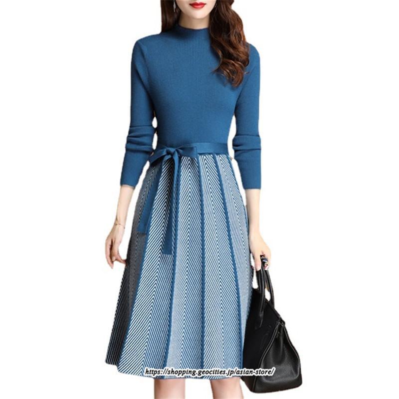 ミディアム | ニットワンピース レディース 秋冬 30代 40代 オシャレ 長袖 リボン Aラインプリーツスカート ニット 長袖 春 着痩せ 秋 冬 韓国風 OL通勤 二次会