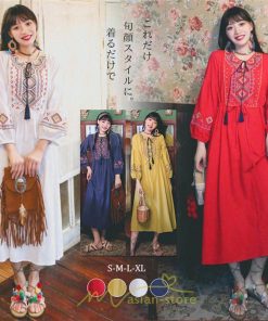 マキシ | ワンピース レディース 刺繍 綿麻 レトロ調 インスタ映え ナチュラル エスニック風 民族風 ボヘミアン 撮影 リゾート 柔らかい ウエストリボン長袖 イベント